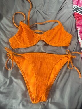Hollister Vibrant Orange Textured Tie-Side Bikini Set